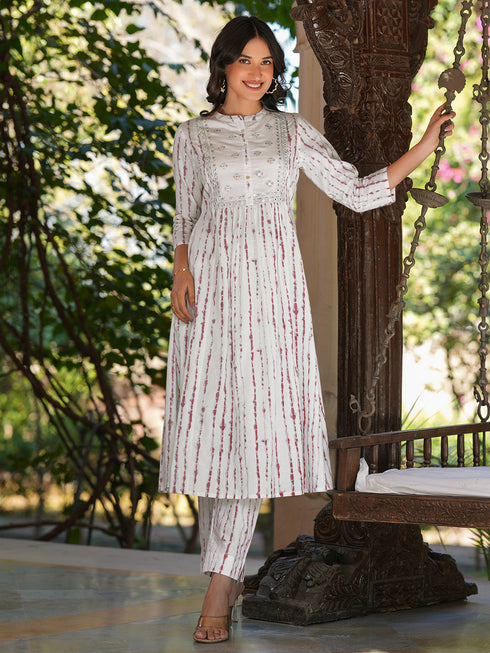 Janasya Women's White Pure Cotton Tie & Dye With Mirror Work A-line Kurta Pant Set